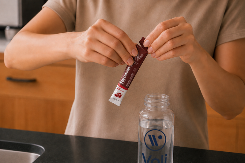 Tear and pour in one Voli Superfood Recovery stick.